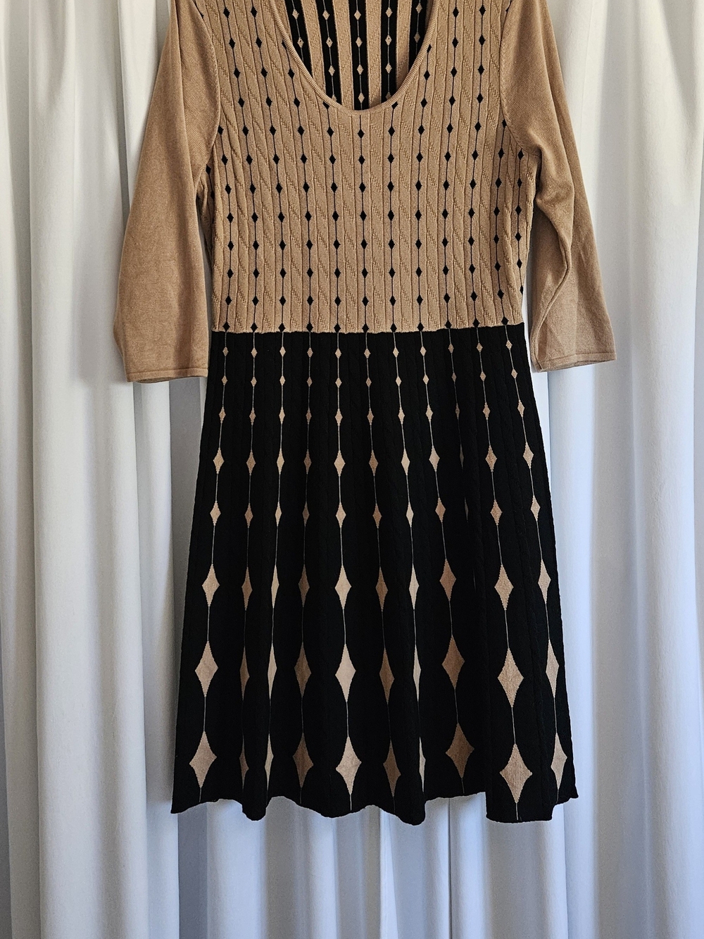Nina Leonard Tan and Black Sweater Dress - 3/4 Sleeve